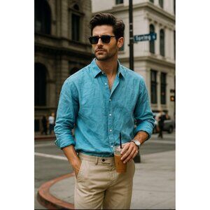 Thomas Pink Men's Pure Linen Shirt XL Long Sleeve CLASSIC DRESS SHIRT‎